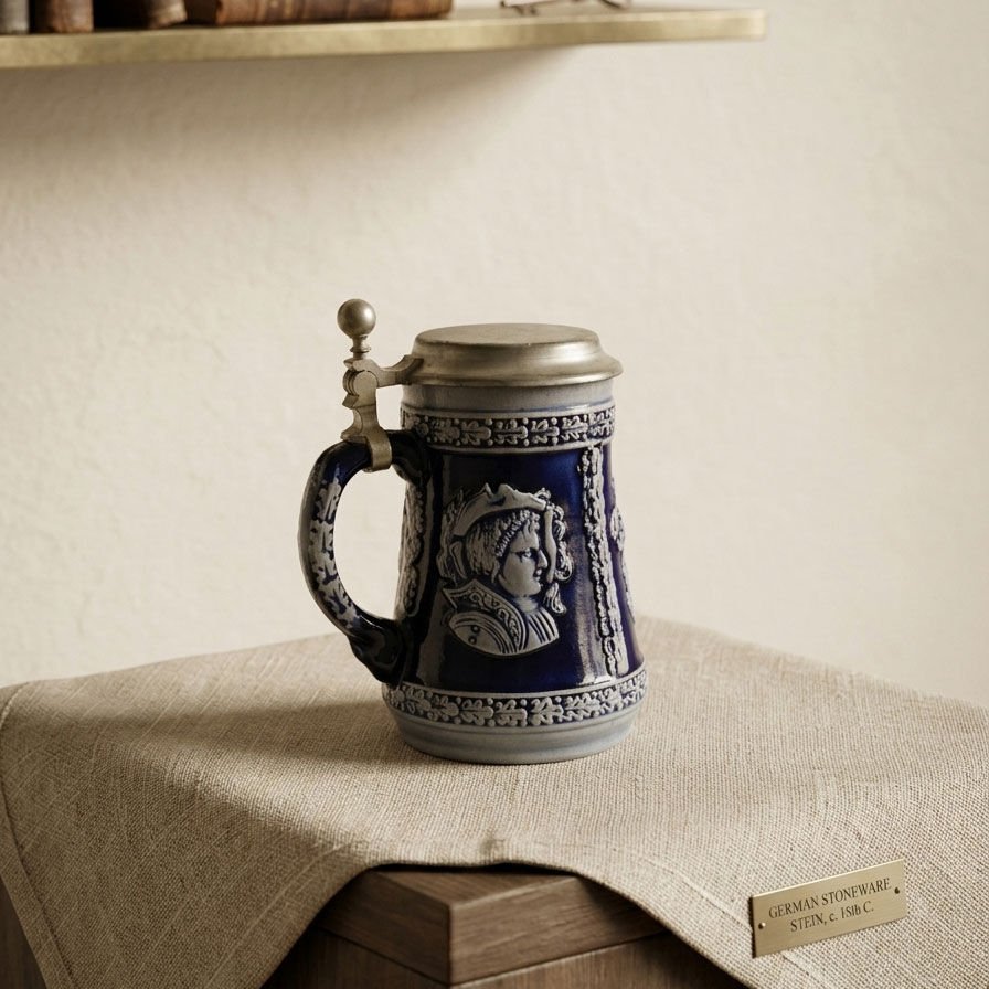 Antik Stil Kabartma Desenli Alman Stoneware Kupa