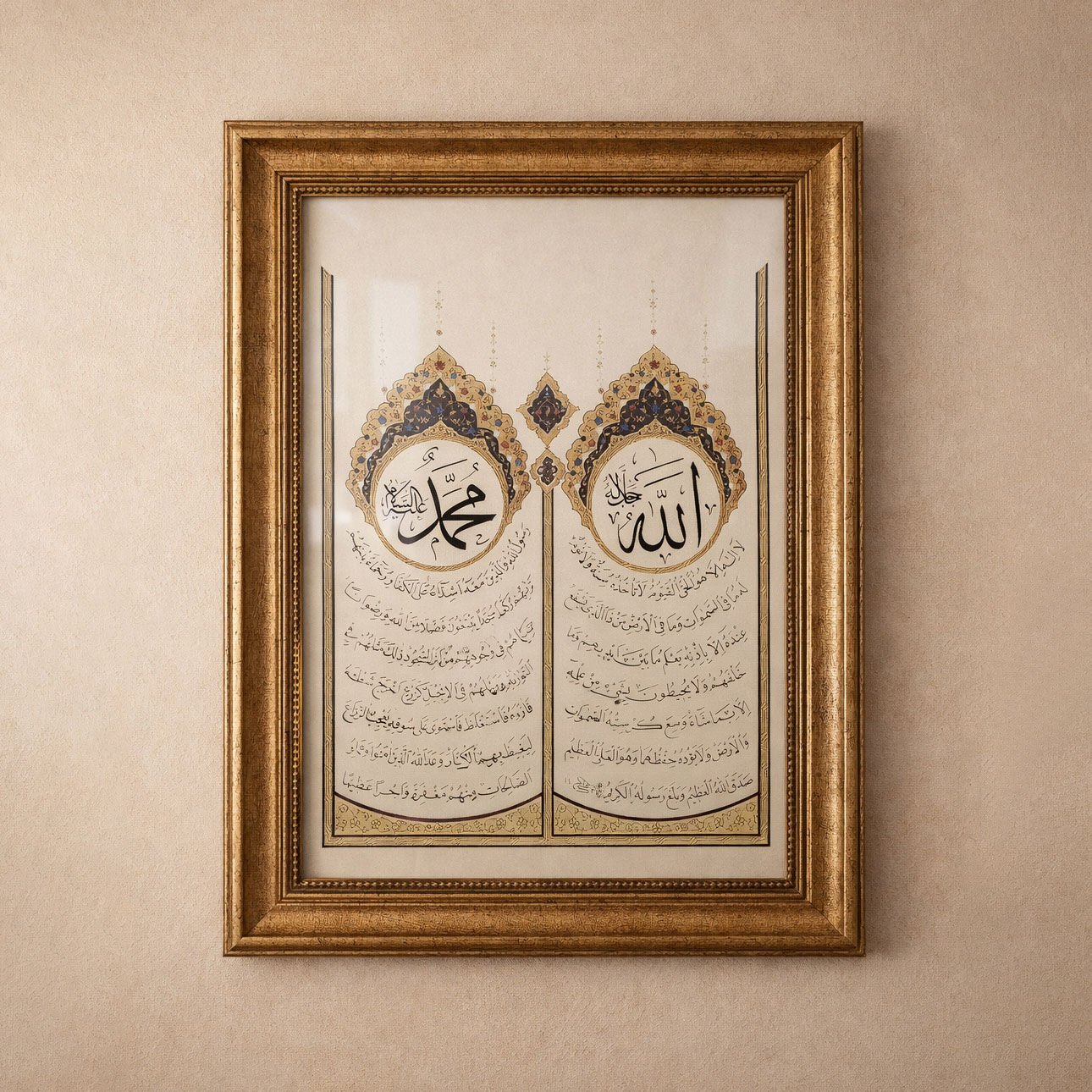 Lüks Gold Detaylı Allah & Muhammed Hat Tablo - Ayet-el Kürsi İşlemeli