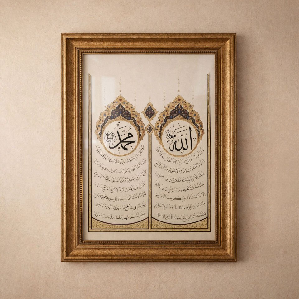 Lüks Gold Detaylı Allah & Muhammed Hat Tablo - Ayet-el Kürsi İşlemeli